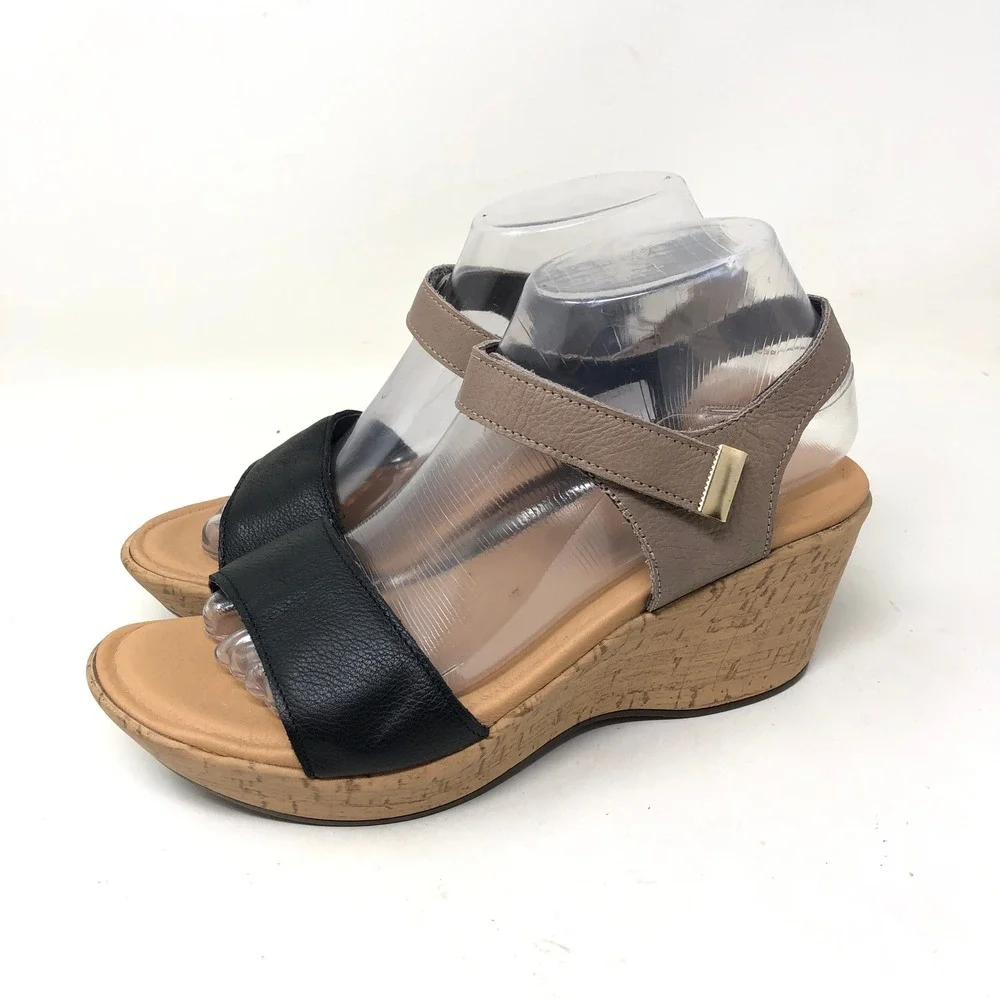 Naot‎ Womens 39 Wedge Sandals Black Taupe Leather Cork Platform Heel US Size 8